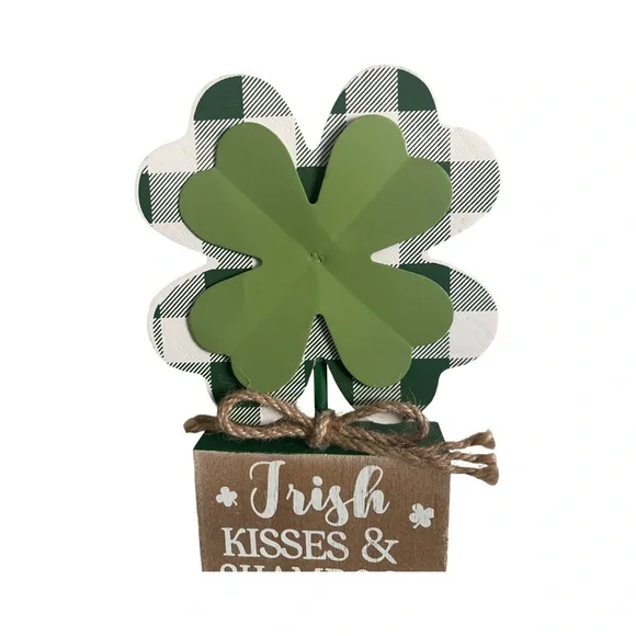 St Patrick’s Day Green White Wood Plaid/Dotted Shamrock Decor Mantel Table Set - Picture 8 of 13